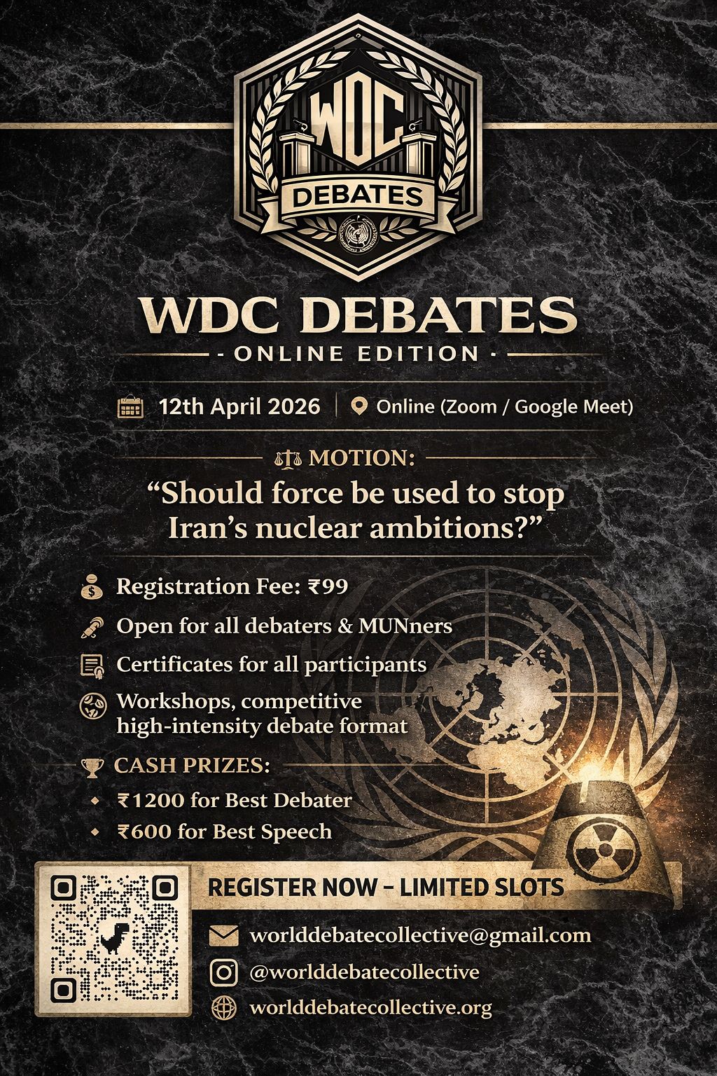 WDC Mock Debate poster for 12 April 2026